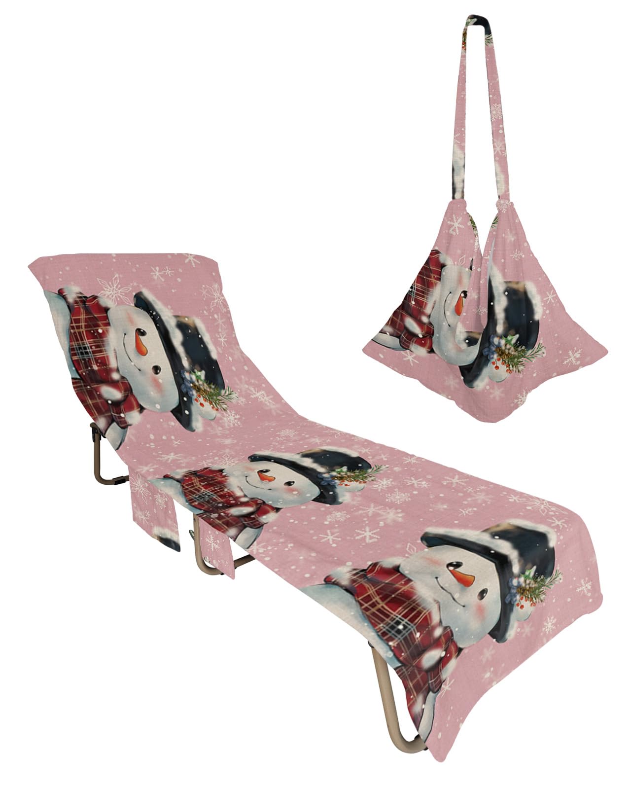 Pink Snowman Christmas Beach Lounge Chair Towel Cover, Soft Chaise Lounge Towel with Side Pockets Patio Pool Chairs Cover for Beach/Pool Sunbathing 29x85 Xmas Rustic Winter Snowflake
