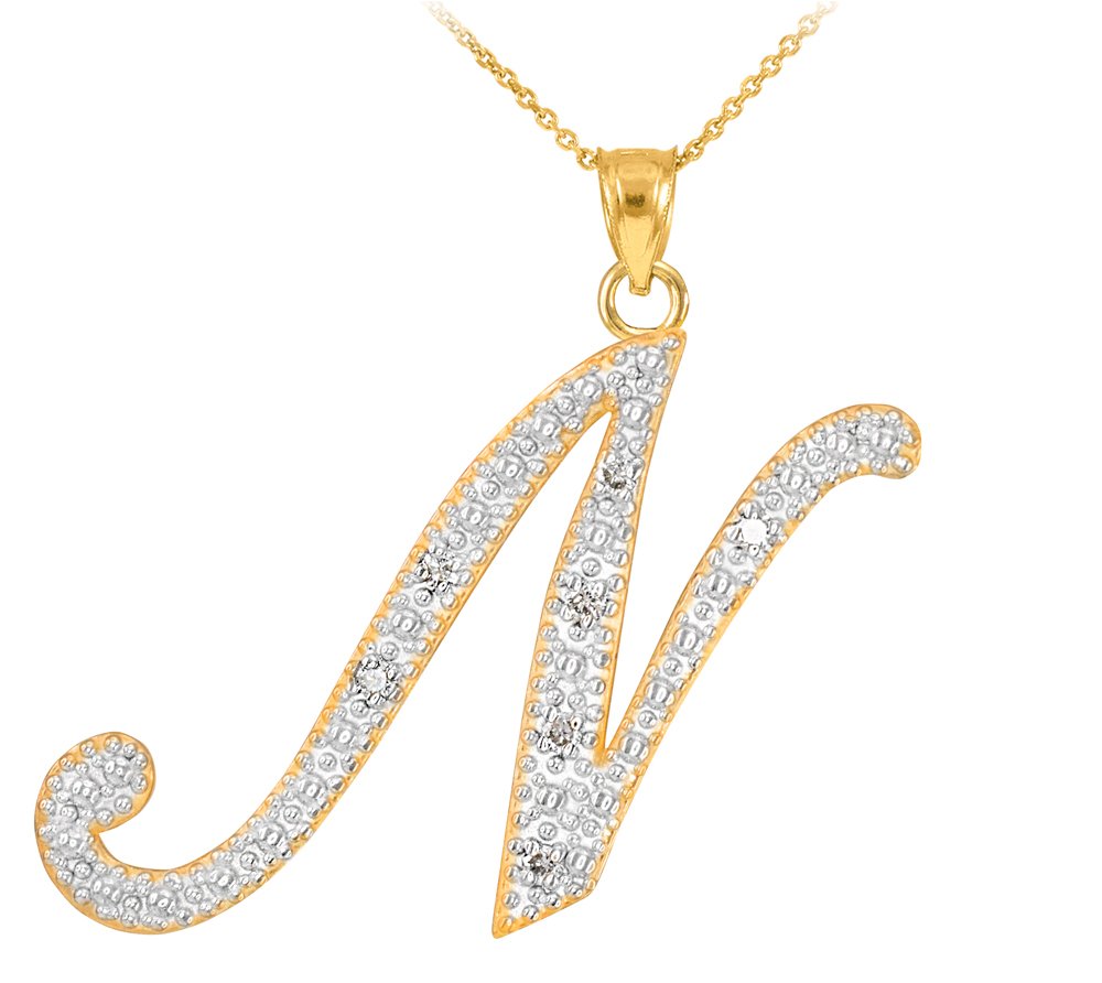 14K Yellow Gold Diamond Accented Dangling Cursive Initial N Charm 4/5" Pendant Necklace (J-K Color, I1-I2 Clarity) - Choice of Length