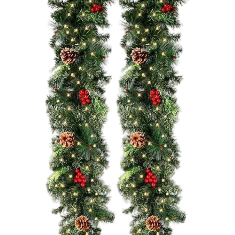 2.7m Pre-lit LED Christmas Garland with Pinecones & Red Berries, 50 Warm White Battery Operated Lights, Flexible Artificial Christmas Vine for Fireplace Mantel, Door, Stairs, Holiday Decor