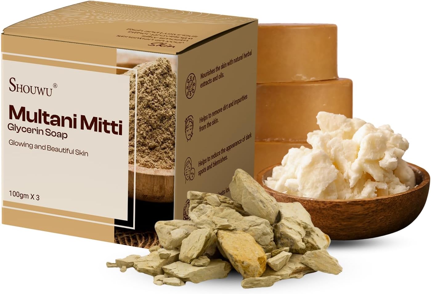 SHOUWU Multani Mitti & shea butter Soap pack of 3 (100G)| Anti Acne Soap | Handmade GLYCERINE Soap | Natural Soap | Skincare Soap | Chemicals Free Soap | 100% vegan |