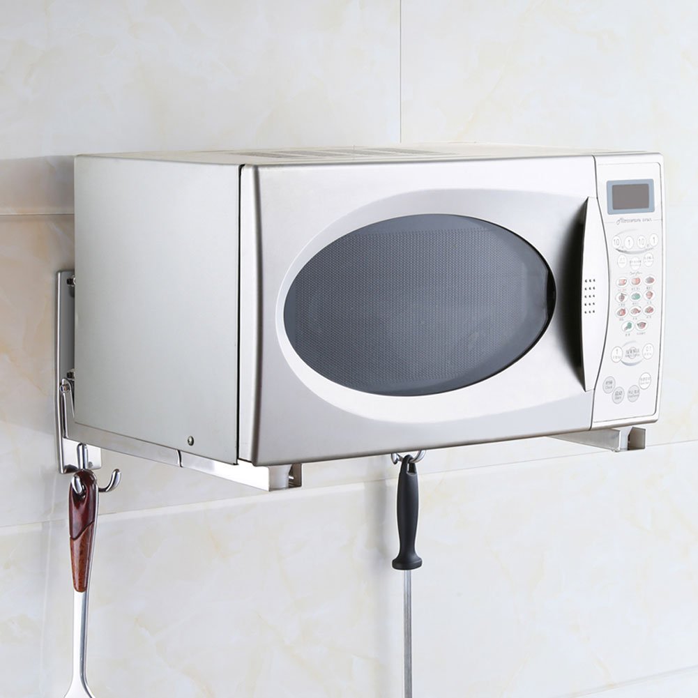 Egoelife 304 Stainless Steel Foldable Double Microwave Oven Wall Mount Bracket Shelf Rack Stand Holder with Hooks (Silver)