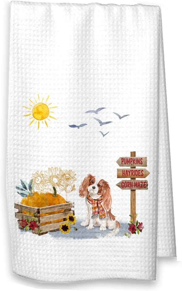 Studio 9Thirty3 Personalized Cavalier King Charles Spaniel Pumpkins Waffle Kitchen Towel, Gift for Dog Lover, Housewarming, Hostess Gift (Gold Cavalier Personalized)