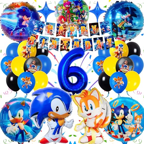 Sammelalbum Sonicc Decoração de aniversário 6 anos, conjunto de balões de aniversário para crianças Sonicc, decoração para festa de aniversário para criança, balão de alumínio em 3D e faixa de feliz