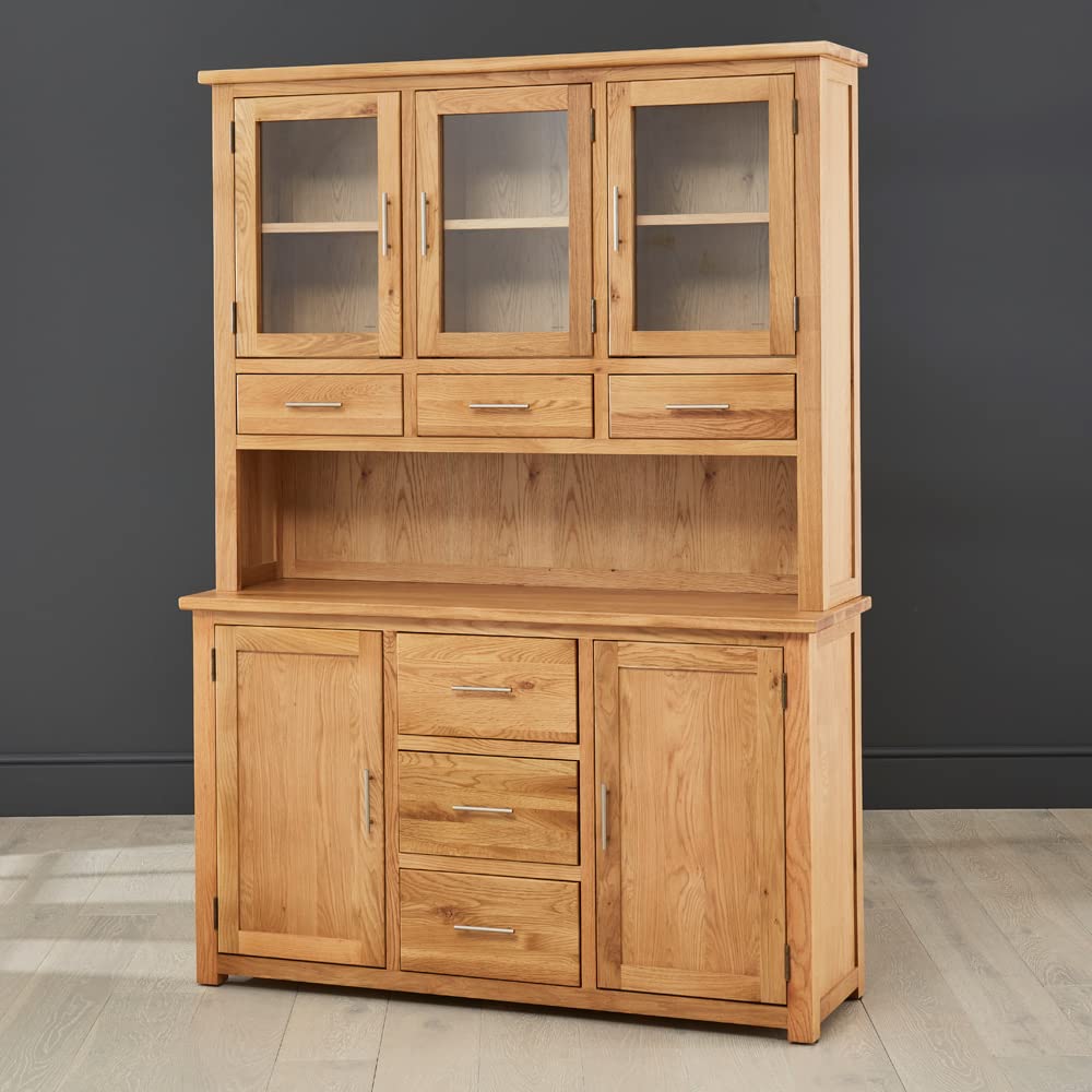 London Oak Large Dresser – Premium North American Oak, 3 Door Glazed Hutch & 2 Door, 3 Drawer Sideboard Base, Minor Assembly Required - H 1910mm x W 1360mm x D 420mm - Image 5