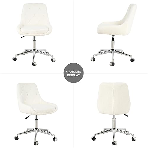 Miniatura 6 de Goujxcy Silla de oficina en casa de piel sintética beige, silla de tocador de maquillaje elegante tapizada para adolescentes y niñas, silla de