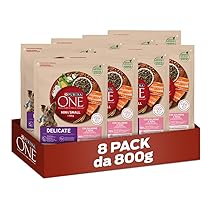 Purina One Mini 10kg Delicate Crocchette per Cani di Piccola taglia con Salmone e Riso, 8 Confezioni da 800g
