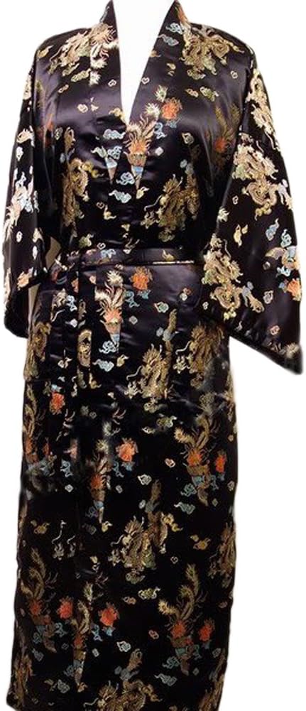 Chinese Men's Silk Satin Robe Kimono with Dragon Phenix Gown