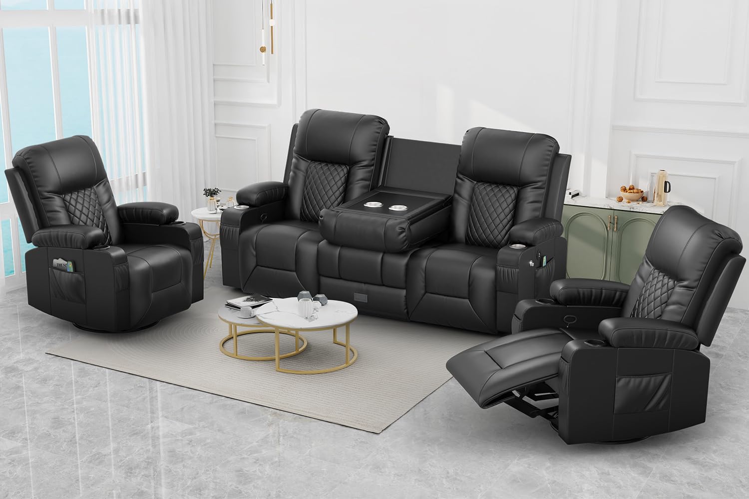 FURNIMAT Recliner Sofa Set with 3+1+1 Pieces in Living Room, 3 Seater Reclining Sofa with Flip Back Console, 2 Recliner Chair with 360 Degree Swivel