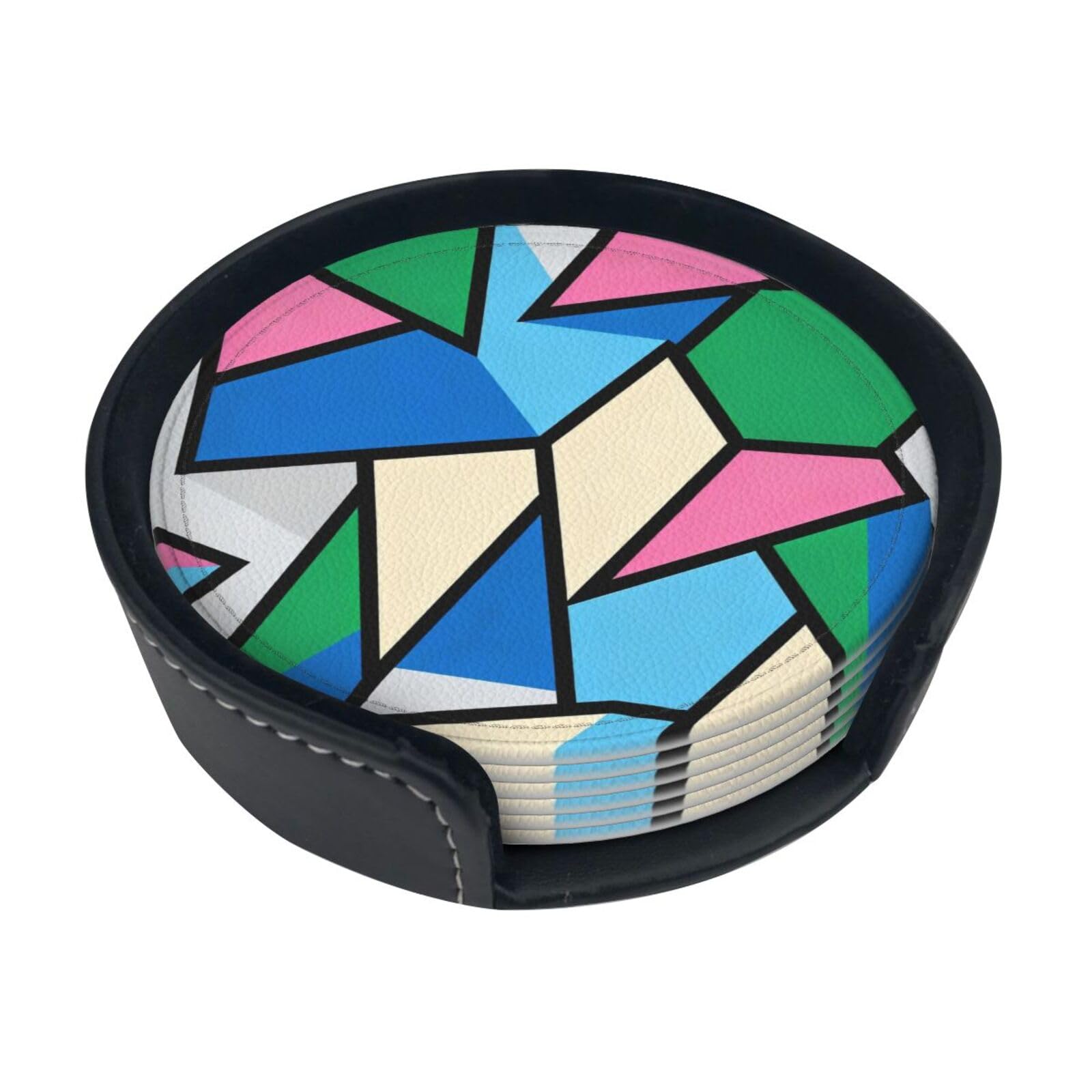 Cntdbu White Geometric Patchwork Art Leather Coasters Set Of 6-Pu Leather Drink Mats For Table, Heat Resistant Round Coasters With Holder