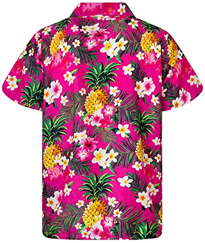 King Kameha - Camisa hawaiana de manga corta para hombre, llamativa y casual, con botones, estampado de flores y piñas, unisex, Flores de Piña Rosa, X-Small