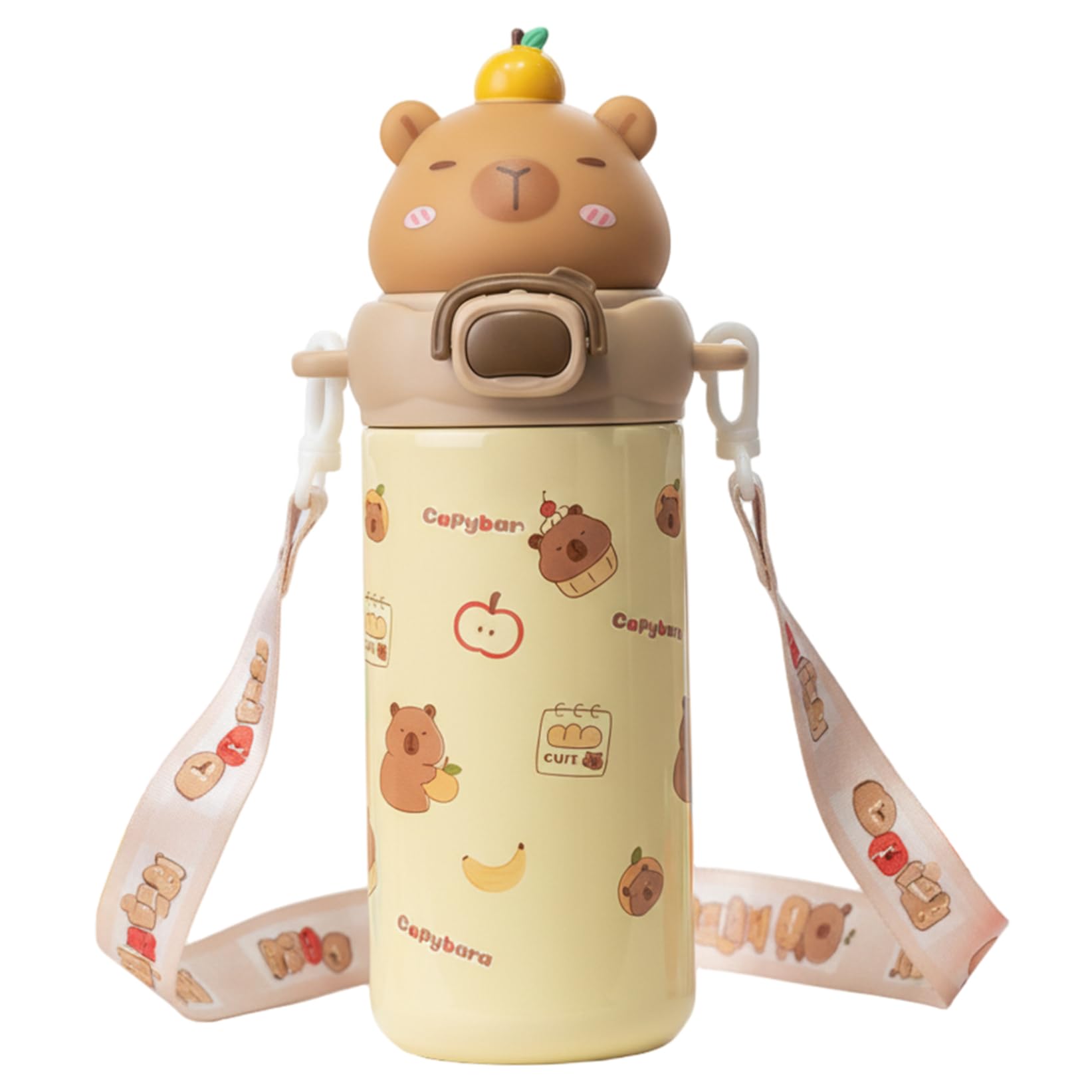 Ameble 600ml Insulated Stainless Steel Capybara Water Bottle for Girls, Double Drinking Straw & Wide Mouth, Cute Kawaii Kids Tumbler with Strap for School