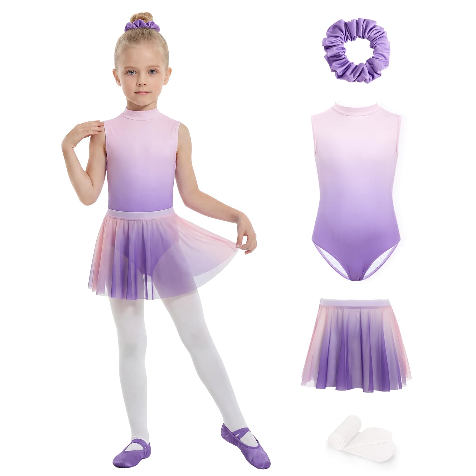 JiAmy Body da danza per ragazze, 4 pezzi, con gonna rimovibile, colore sfumato, vestito da danza con collant elastici 4-12 anni