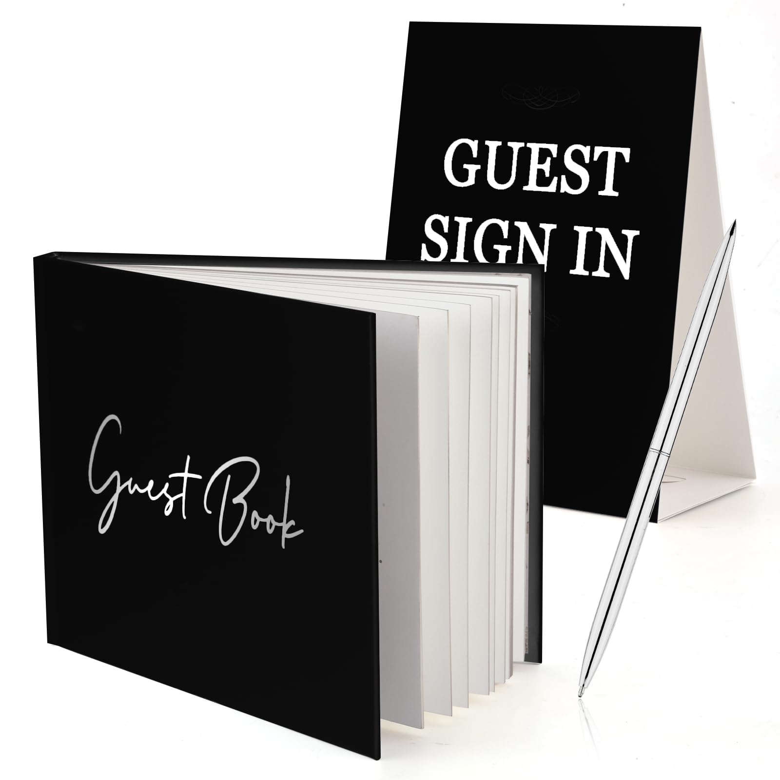 Juego de Libro de Visitas para Boda, Libro de Firmas de Invitados y Tapa Dura Libro de Bodas de Guión Apreciado Páginas en Blanco para Recepción de Bodas Eventos Especiales (Negro)