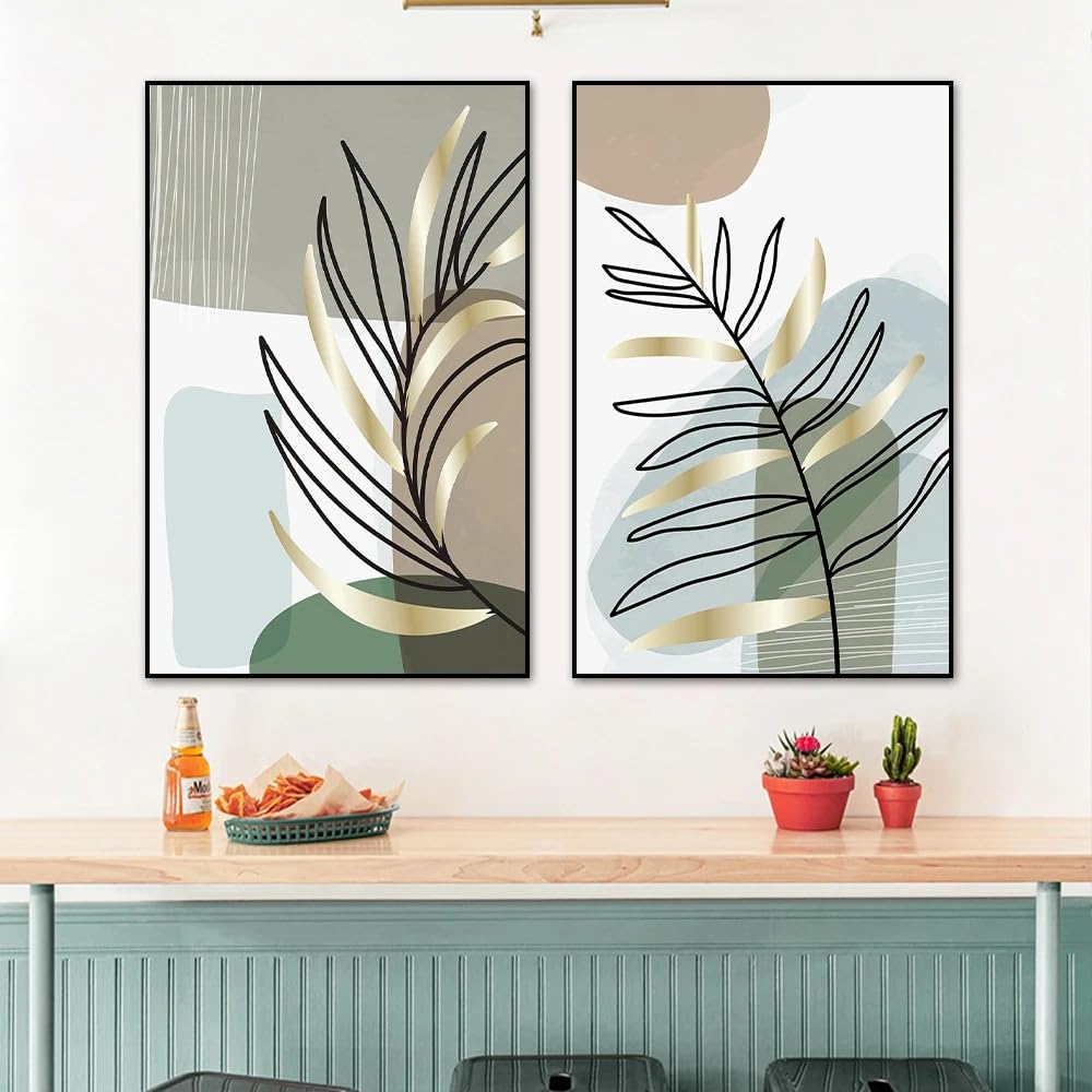 WBYZAC 2 Pieces-Boho Line Plants Leaf Posters Abstract Geometry Canvas Painting Prints Nordic Modern Wall Art Pictures For Living Room Office Decoration-50 * 70cm (No Frame)