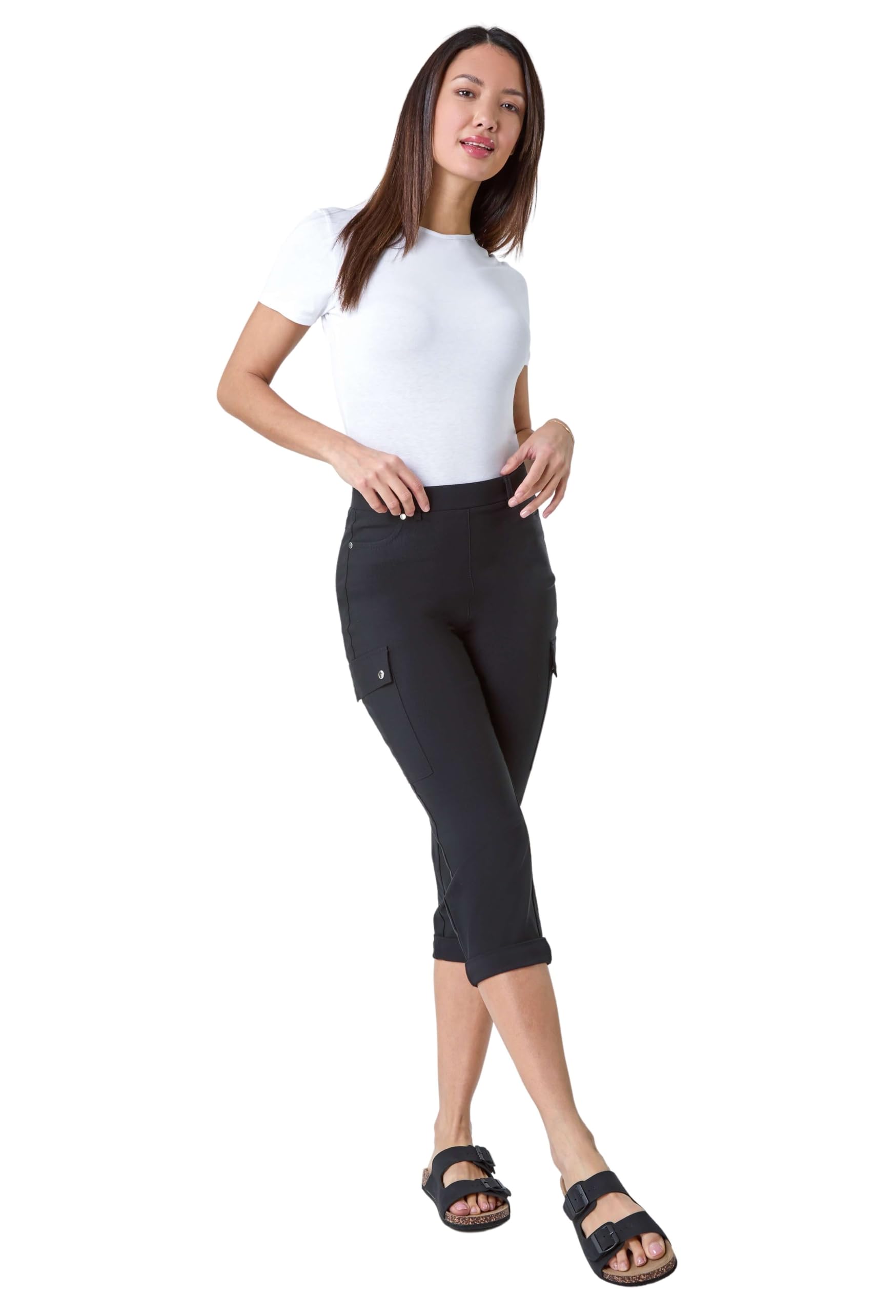 Roman Women's Black Turn Up Stretch Cargo Trousers Size 12