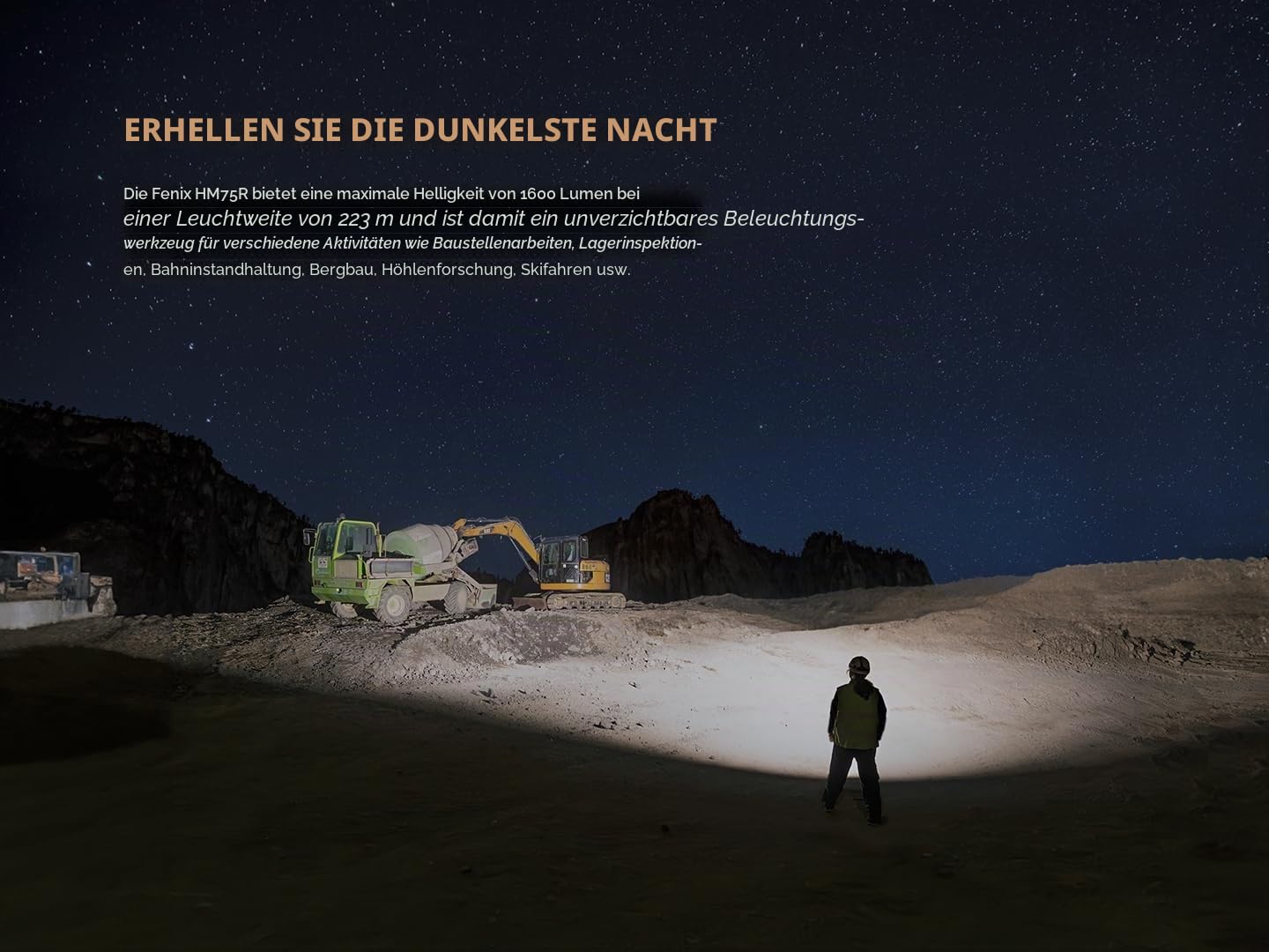 Fenix HM75R SE wiederaufladbare Arbeits-/Industrie- und Outdoor-Stirnlampe, 1600 Lumen, 223 m, max. 100 Stunden, kaltweißer Punkt, neutralweißes Flutlicht und rote Strahlen, IP68