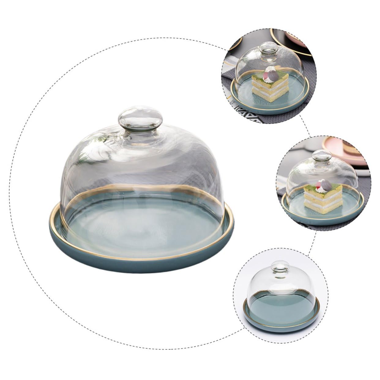 IMIKEYA Glas Kuchenglocke für Dessert und Obstsalat mit Keramik und Blau