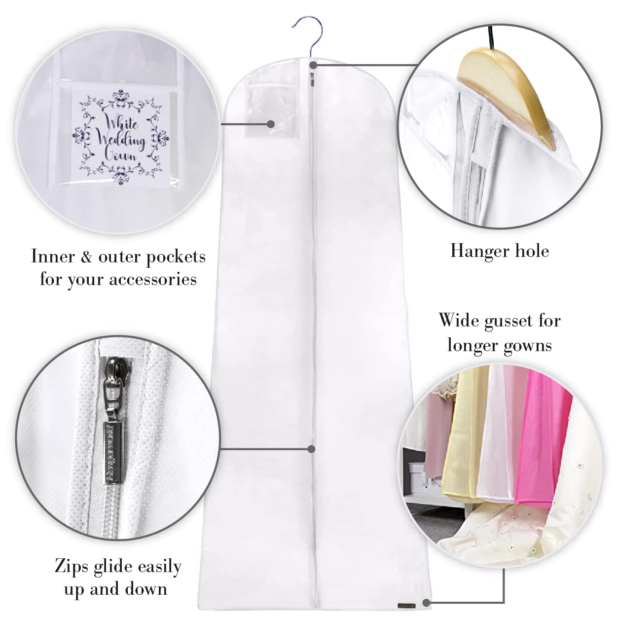 Hangerworld - Wasserabweisende Kleiderhülle Kleidersack mit Reißverschluss für Hochzeitskleider - Weiß - 183cm
