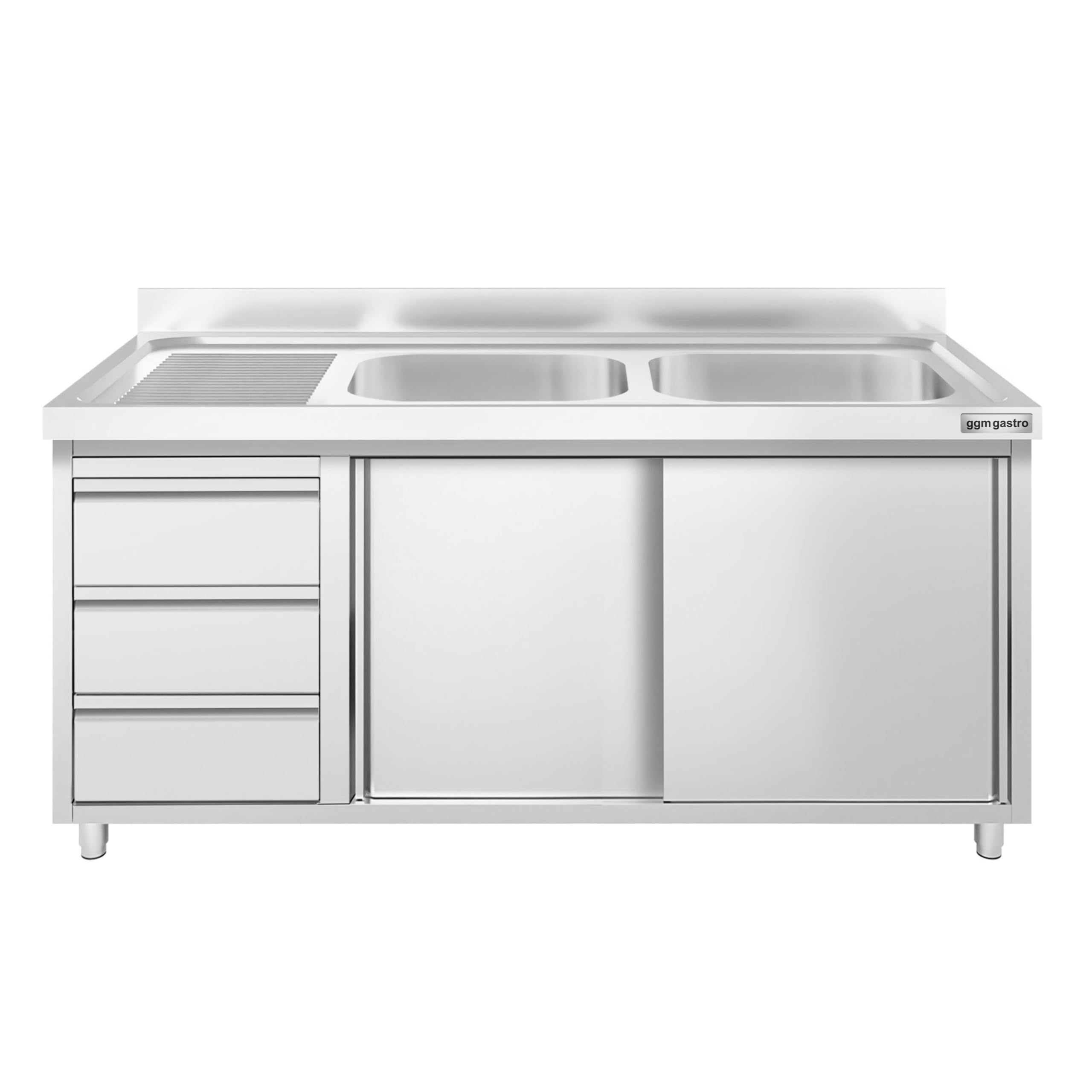 GGM Gastro | SSAAK146BR2S#ST3K46 | Spülschrank PREMIUM - 1400x600mm - mit 3 Schubladen & 2 Becken rechts