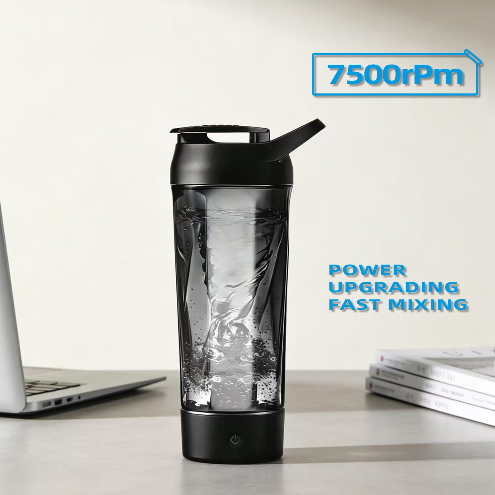 Whirlpower - Botella mezcladora eléctrica, 34 onzas para mezclas de proteínas, sin BPA, vaso mezclador portátil, vasos recargables y batidos de reemplazo de comidas (negro)