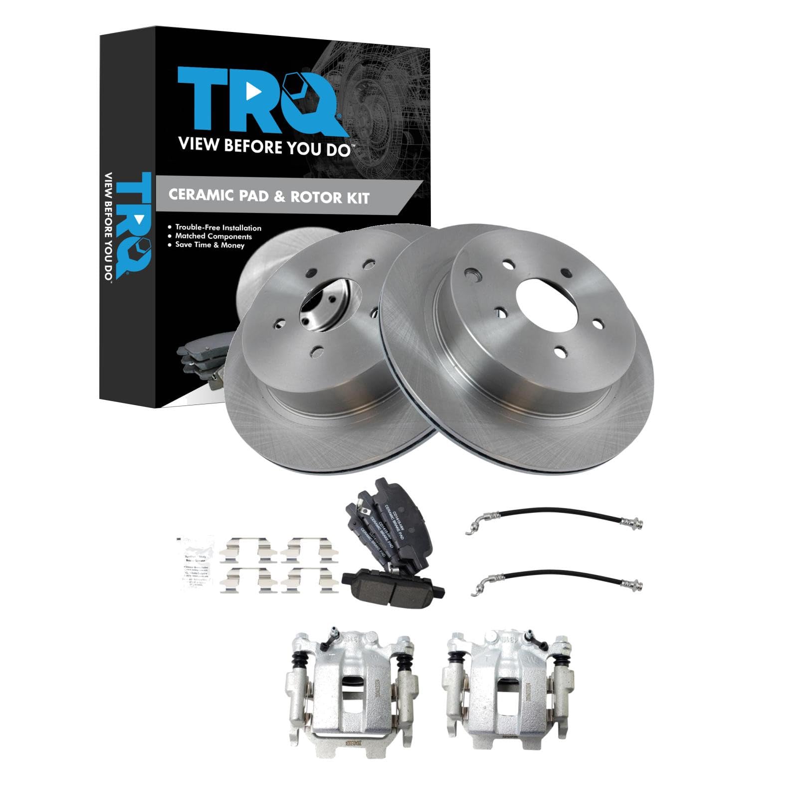 TRQ Rear Brake Pad and Rotor Set Ceramic Rotors Calipers Compatible with 2013 INFINITI JX35 2014-2017 QX60 2009-2017 Nissan Murano 2013-2017 Pathfinder 2011-2016 Quest