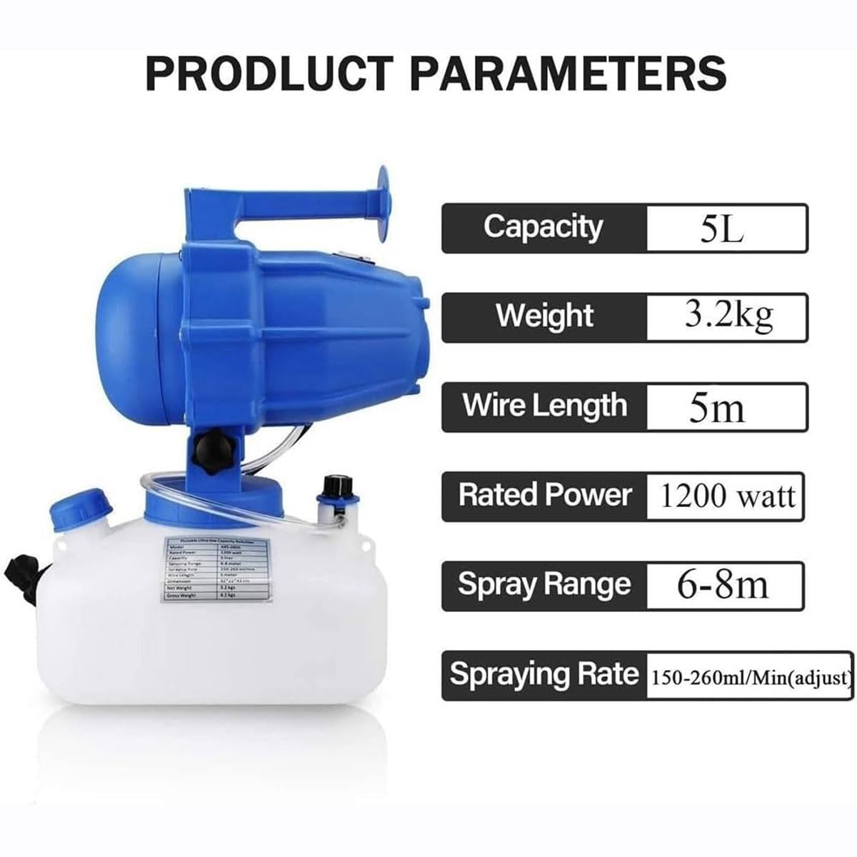 Machine de brumisation portable de 5 L, pulvérisateur électrique Ulv Fogger Machine portable de 1200 W, pulvérisateurs de jardin pour lieux publics/jardin/industriel