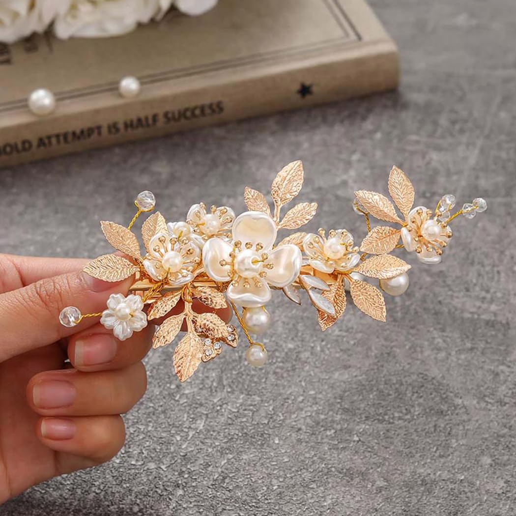 JAKAWIN Gold Hair Clip Bridal Hair Accessories Flower Hair Piece for Women FJ03 (Gold)