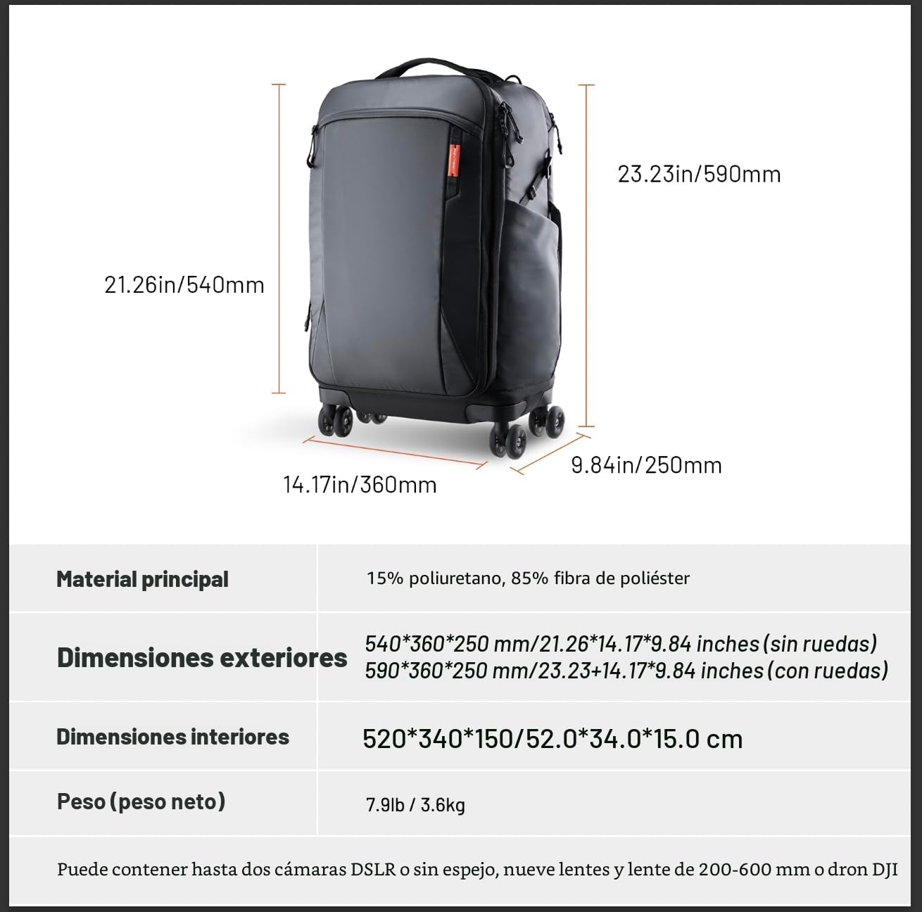 PGYTECH Mochila con Ruedas 2 en 1 Cámara DSLR/SLR/Trípode sin Espejo de Viaje, Equipaje con Ruedas Funda y Antilluvia, Compatible con Portátiles de 17 Pulgadas Canon, Nikon, Sony