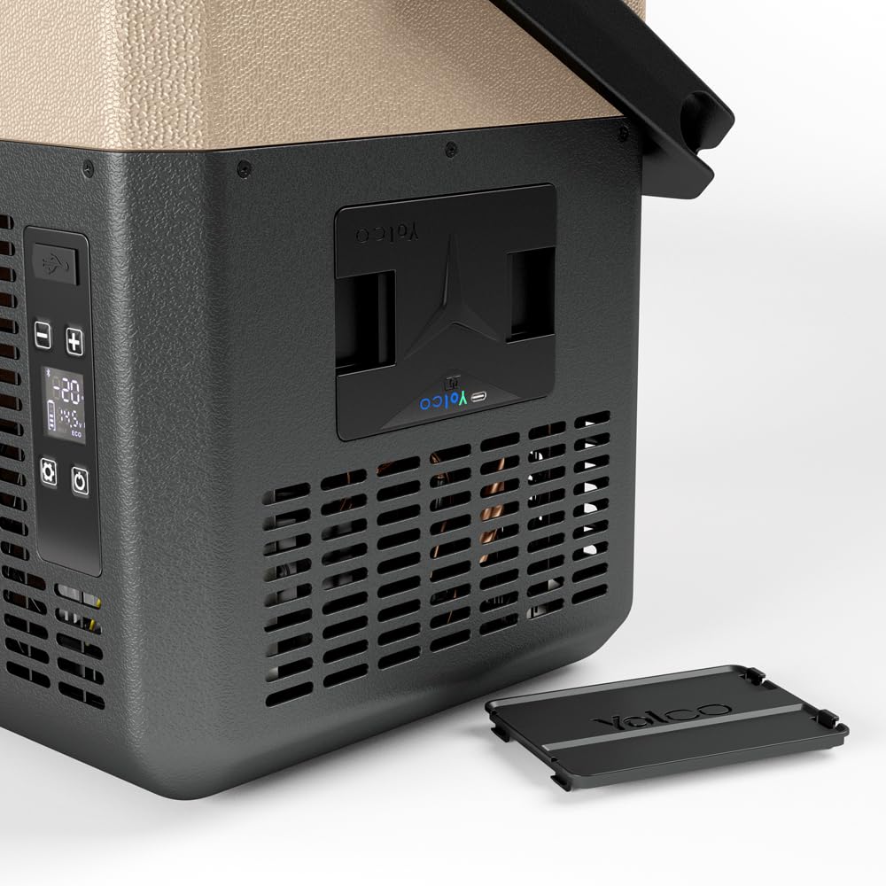 Yolco ET18 piaskowa lodówka podróżna z kompresorem, 18 l, z akumulatorem SC4B, przenośna lodówka i zamrażarka do -20°C, 12/24 V DC i 230 V, USB, do samochodu, ciężarówki, łodzi, na kemping, szara