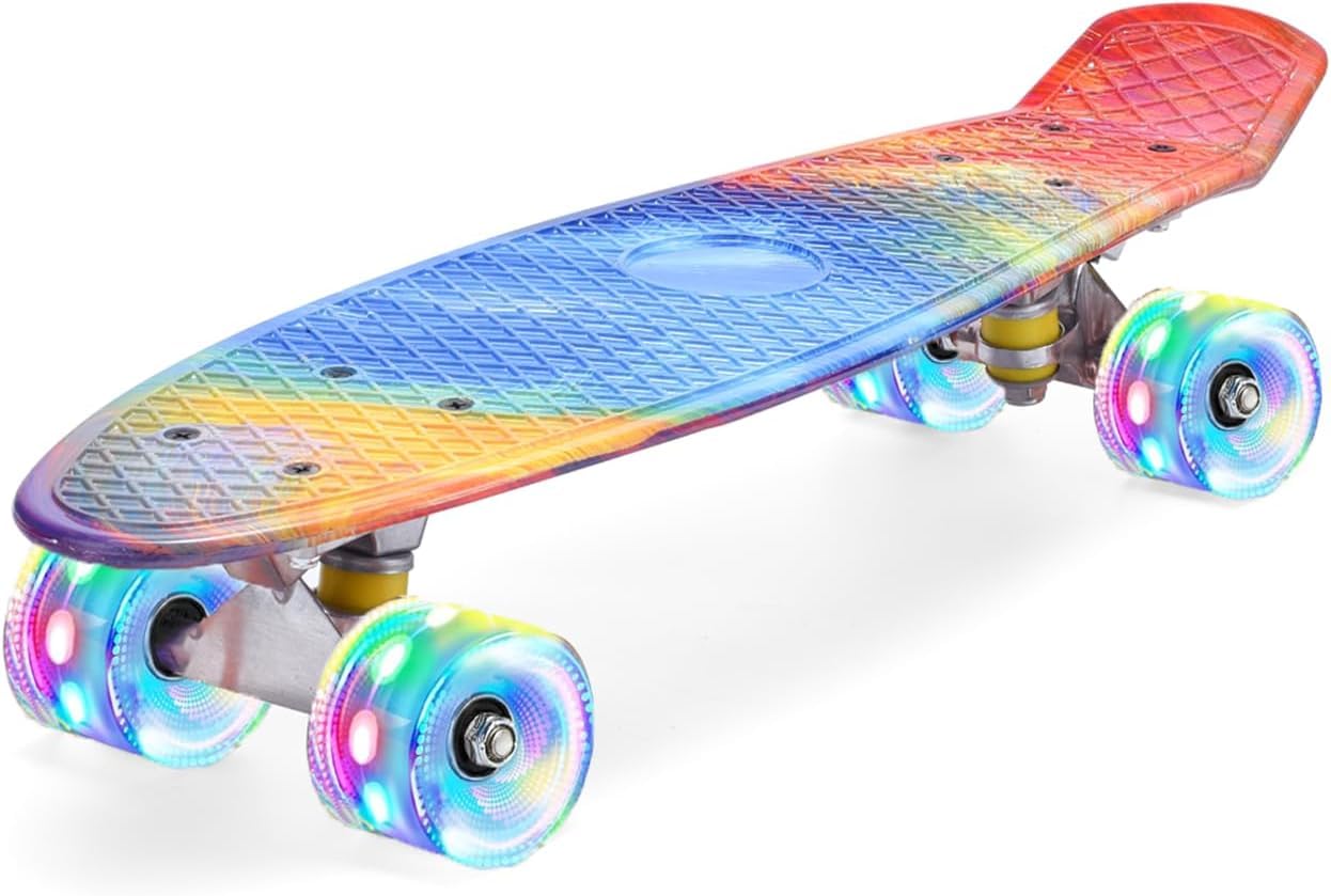 ERNAN Skateboard 22in Mini Cruiser Skateboard Completo retrò per bambini, ragazzi, adolescenti, adulti, principianti, ruote luminose a LED,carico massimo 99,8 kg
