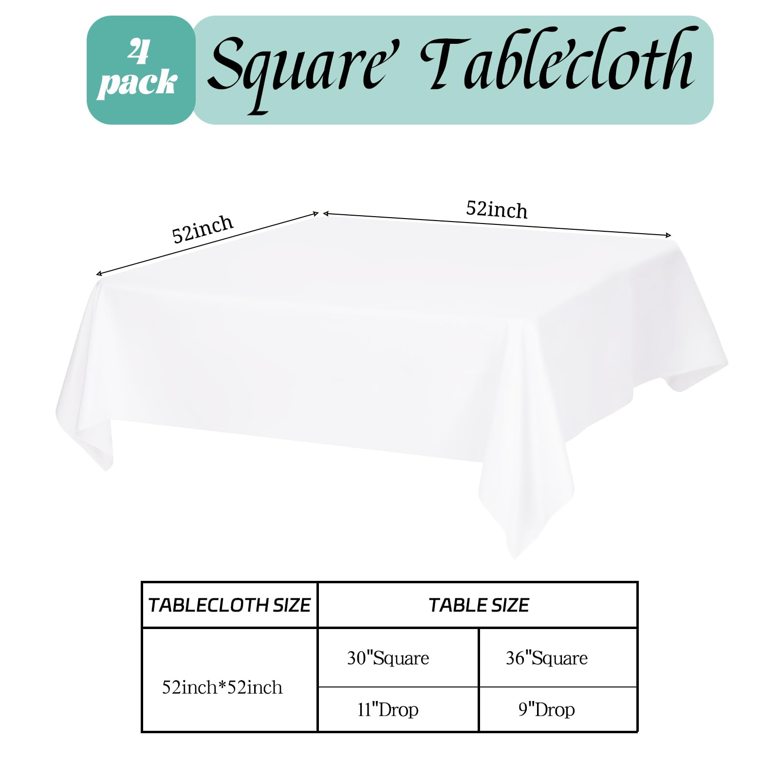 Pesonlook 4 Pack White Square Tablecloth 52×52 inch Polyester Table Cloths for Square Tables Waterproof Stain Resistant Washable Table Cover in Bulk for Wedding Party - Image 3