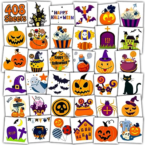 Leesgel Tatuajes Halloween Decoracion, 408 Hojas Individual Tatuajes Temporales niños, Relleno Piñata Regalos Detalles Cumpleaños Niño Pegatinas Disfraz Halloween Accesorios Halloween