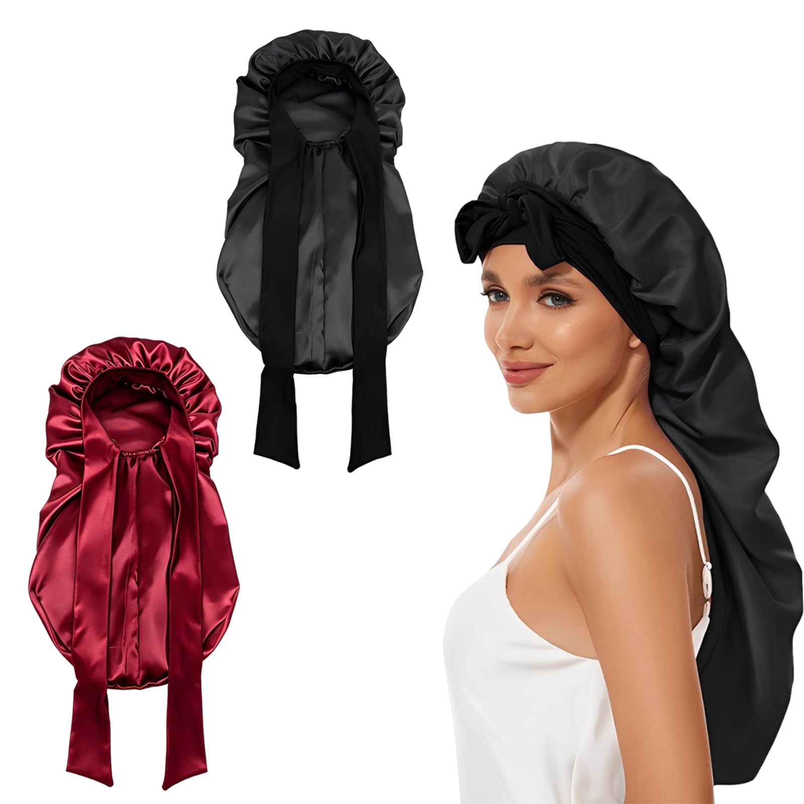 2-Pack Satin Bonnet, Long Sleep Bonnet with Adjustable Tie Band, Hair Bonnet for Sleeping, Sleep Cap for Long Hair and Curly Hair, Silky Night Hair Cap (Black & Burgundy)-picture-27