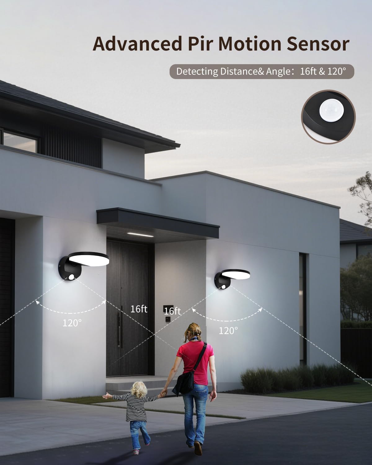 Wired Motion Sensor Outdoor Lights Fixtures LED 18W Modern Exterior Porch Lights Wall Sconces Light for Doorway Patio Garage Matt Black Round 6000K Cool White