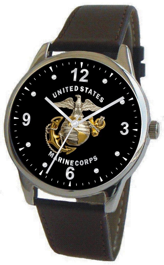 Military TimeMarines Emblem Classic Watch with Large Polished Chrome Case  and Black Leather Strap