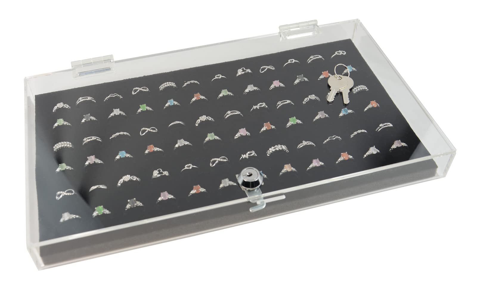 Box Displays Clear Acrylic Display Case with Lock and Key & A Choice of Jewellery Display Presentation Insert (Case with Black 144 Ring Pad)