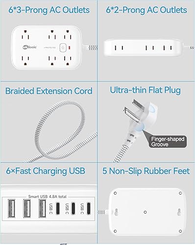 Miniatura 6 de Regleta de alimentación con USB, protector de sobretensiones 2100J, cable de extensión de enchufe plano de 5 pies, 12 tomas de corriente y 6 USB (3