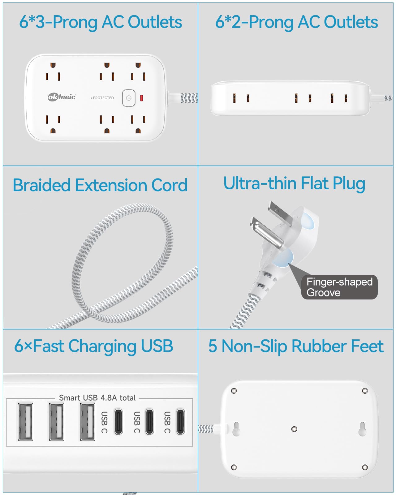 Tira de alimentación con USB, 2100J protector de sobretensiones cable de extensión de enchufe plano de 5 pies, 12 salidas y 6 USB (3 USB C) estación de carga, 3 extensores de salida laterales para