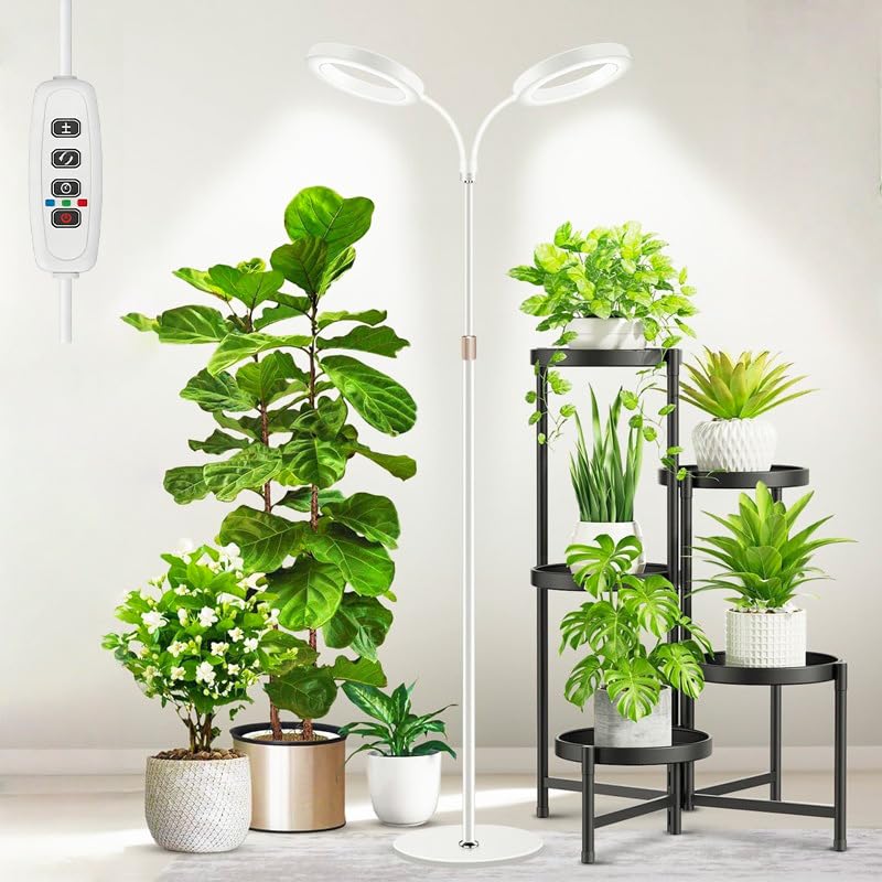 Fesatccoz Dual Head Grow Light for Indoor Plants Height Adjustable Full Spectrum Plant Grow Light with 3 Color Modes and 3/9/12H Timer