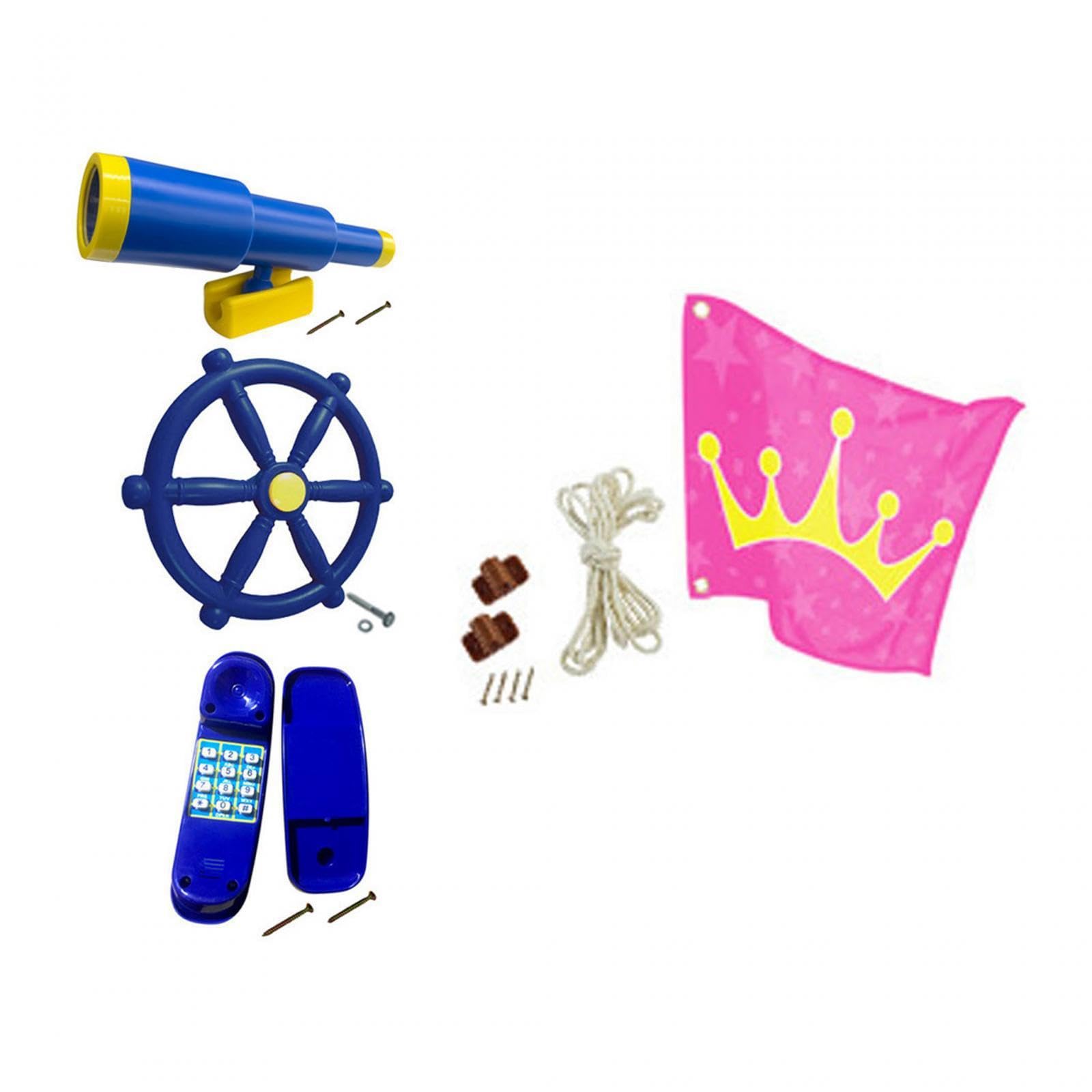 Spielplatzzubehör für Kinder, Outdoor Spaß im Garten: Piratenschiff Spielset mit Teleskop, Schaukel, Rad und Spielzone. Das Piratenschiff Spielset