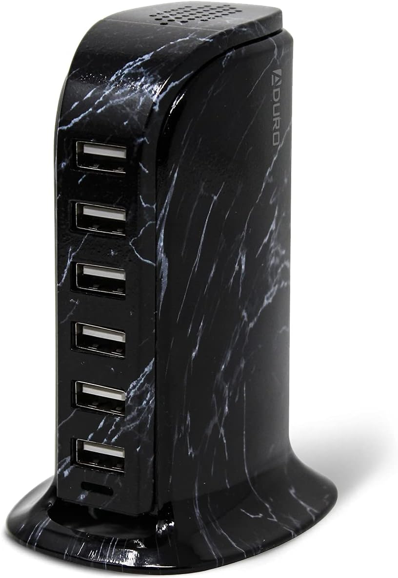 Aduro 40W 6-Port USB Desktop Charging Station Hub Wall Charger for iPhone iPad Tablets Smartphones with Smart Flow (Black Marble)