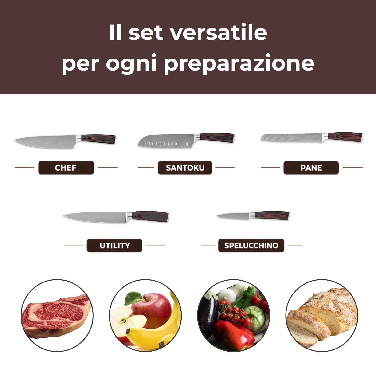 Set Coltelli Cucina 5 Pezzi Multiuso in Acciaio Inox, Chef Santoku Pane Utility e Spelucchino, Coltelli Cucina Professionali per Carne Verdure Pane e Pesce, Lama Affilata e Bilanciata, Idea Regalo