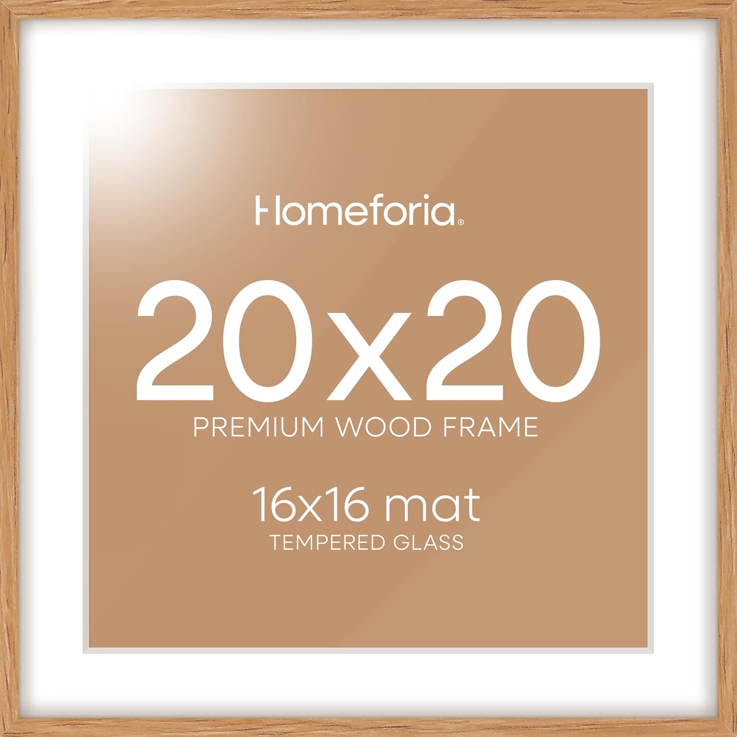 Homeforia 20x20 Wood Picture Frame, High End Natural Oak 20 x 20 Square Light Wooden Frames with Mat 16 by 16 inch Photo, 20by20 Poster Frames Matted to 16x16 Print, Tempered Glass, Wall Kit, Set of 1 20x20 Wood Natural Oak