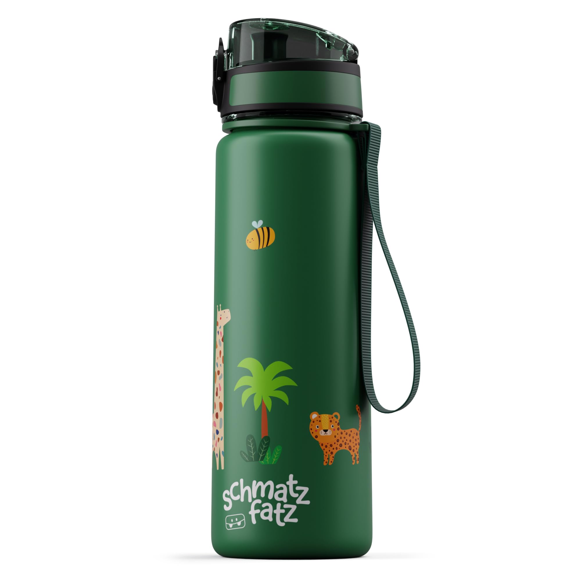 schmatzfatz Trinkflasche Kinder 500ml - Auslaufsicher, BPA-frei, 1-Klick-Verschluss, Tritan, Kinderfreundliches Design, Geeignet für Kohlensäurehaltige Getränke, Dark Green Jungle
