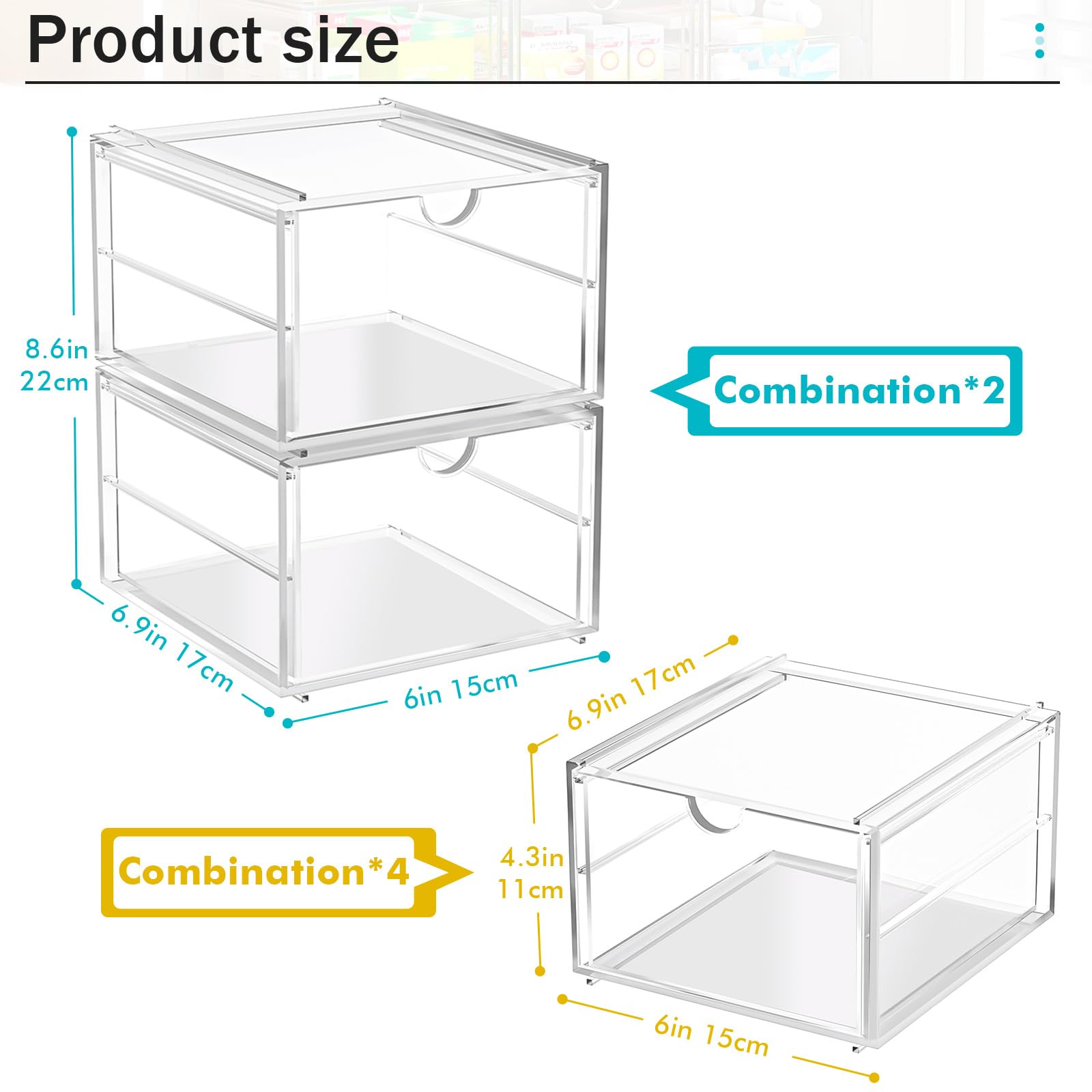 4 Pack Stackable Storage Drawers, Acrylic Cosmetic Drawer, Clear Desk Accessories, Latest Model Dustproof Drawer Storage for Dresser, Bathroom — view 3