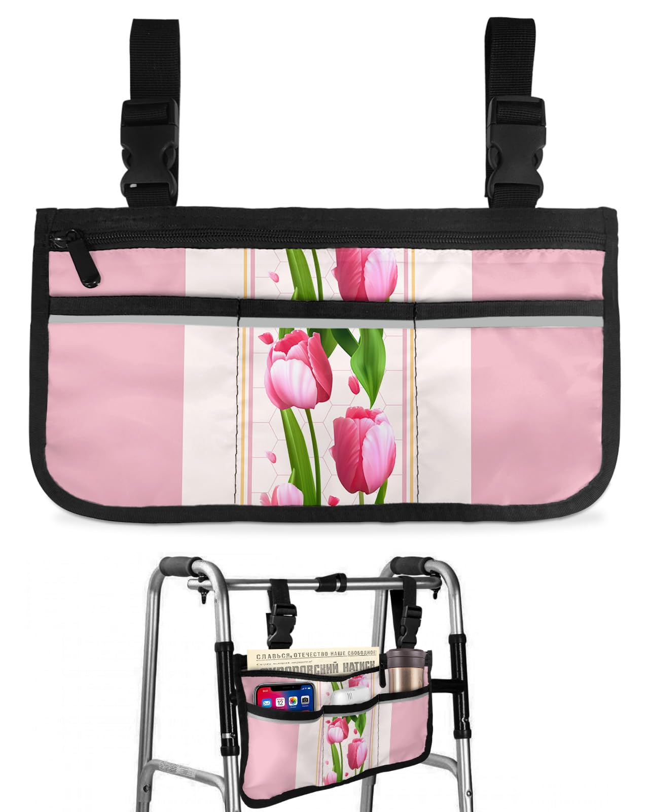 Spring Pink Florals Wheelchair Side Bag Walker Bag, Mother's Day Tulip Wheelchair Accessories Armrest Pouch, Organizer Storage Bag for Walkers, Rollators, Scooters, 7.3''x13''