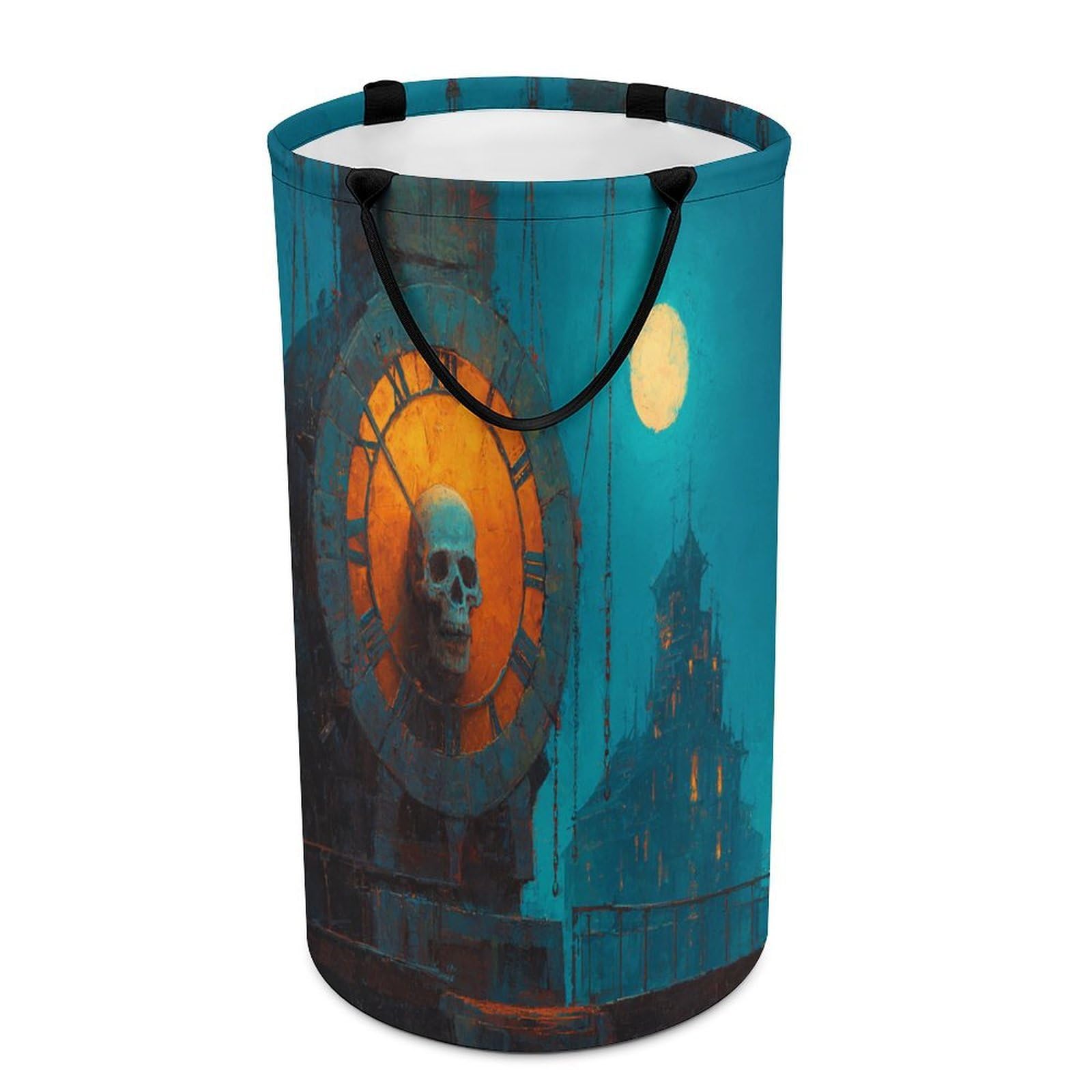 LUYYSKY Fantasy Gothic Skeleton Clock Dirty Clothes Basket, Mid Century Retro Full Moon Mid Century Tower Castle Skull Skeleton Portable Clothes Storage Laundry Basket-40 CM Dia, 69 CM High