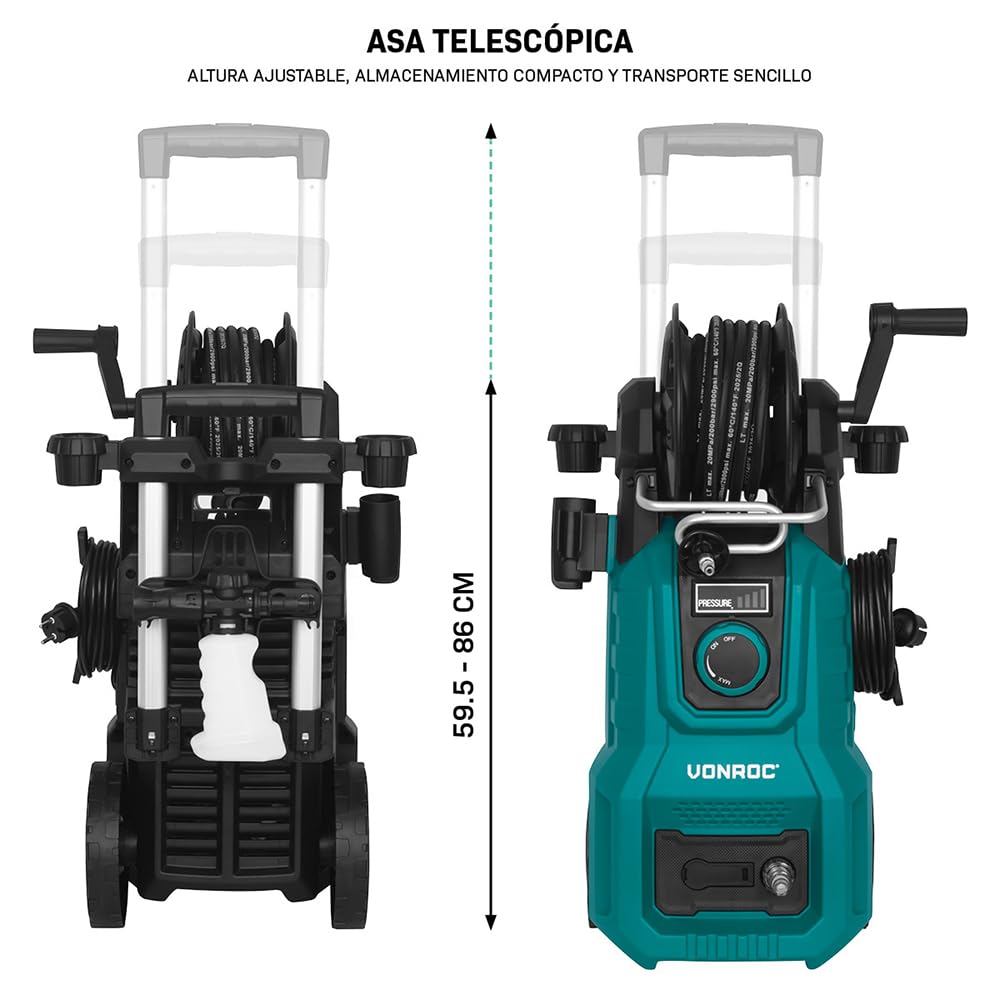 VONROC Hidrolimpiadora V24‑3 2400W con 180 Bar y presión Ajustable | Manguera 10 m, carrete integrado, bomba aluminio, lanza turbo y ajustable, limpiador de patios, mango telescópico