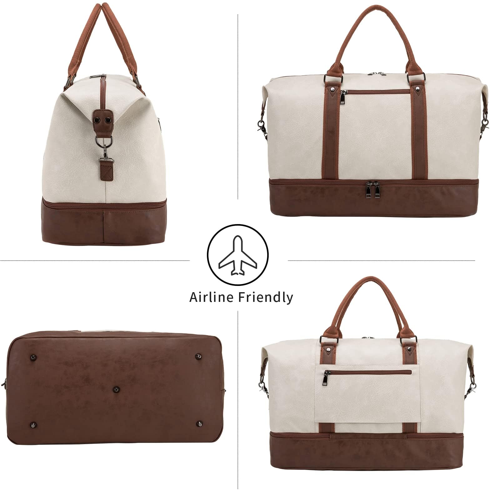 Borsone da viaggio per la notte, in tela, in pelle, borsa da weekend extra large, grande borsa da viaggio a mano, borsone da viaggio per uomo e donna, beige.
