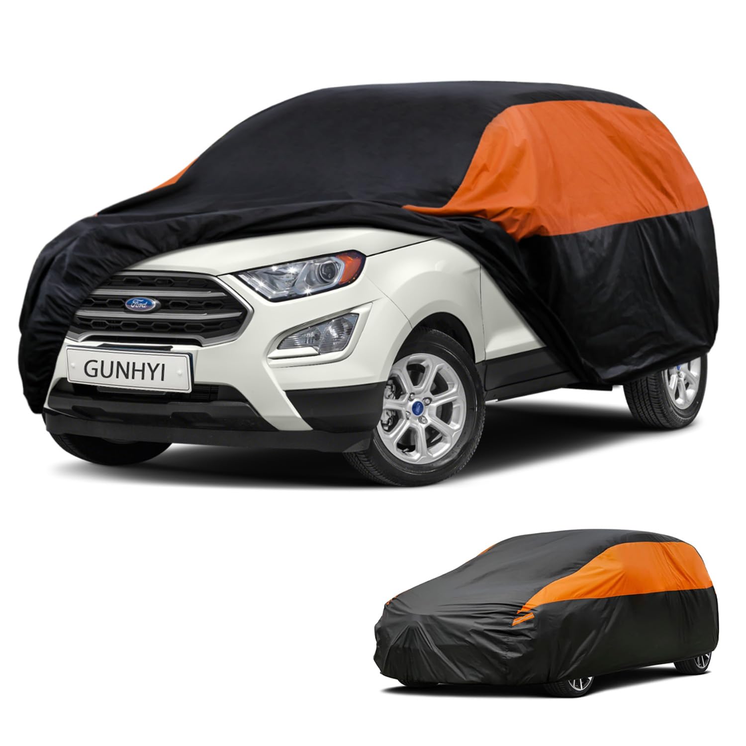 GUNHYI Waterproof Lightweight SUV Full Car Cover Custom Fit EcoSport | All‑weather Outdoor sun/rain/dust/snow/wind/UV protection, breathable tear‑resistant fabric, black‑orange design,storage bag